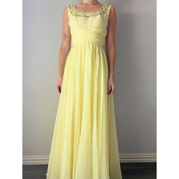 Vintage 1960's Mike Benet Yellow Chiffon Beaded Formal Maxi Gown - Picture 2 of 8